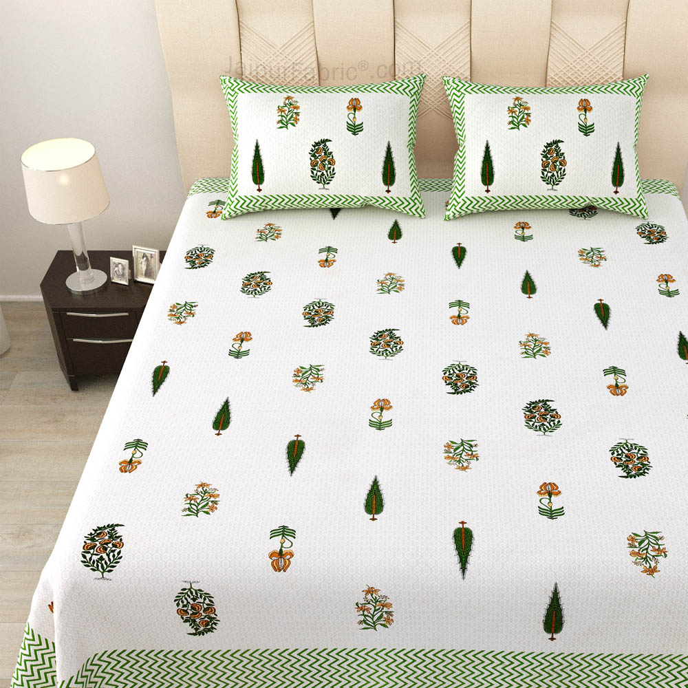 Folklore Fables Green Block Print Pure Cotton Double Bedsheet