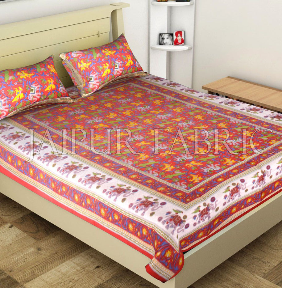 Red Elephant and Tropical Printed Rajasthani Cotton Single Bed Sheet