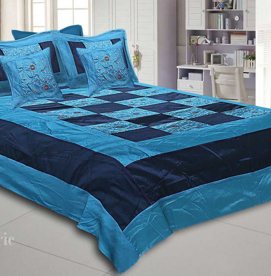 Blue And Firozi Color Check With Embroidery Silk festive Double Bed sheet