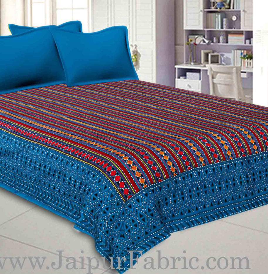 Blue  Border Maroon And blue Zig Zag Pattern With Thread Handwork(Kantha) Gudri ( Bed Cover)