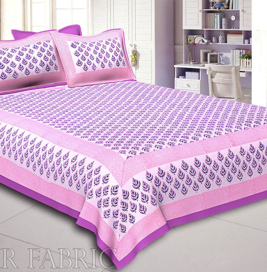 Purple Color Handmade Block Print on white base Double Bed Sheet with Two Pillow Covers