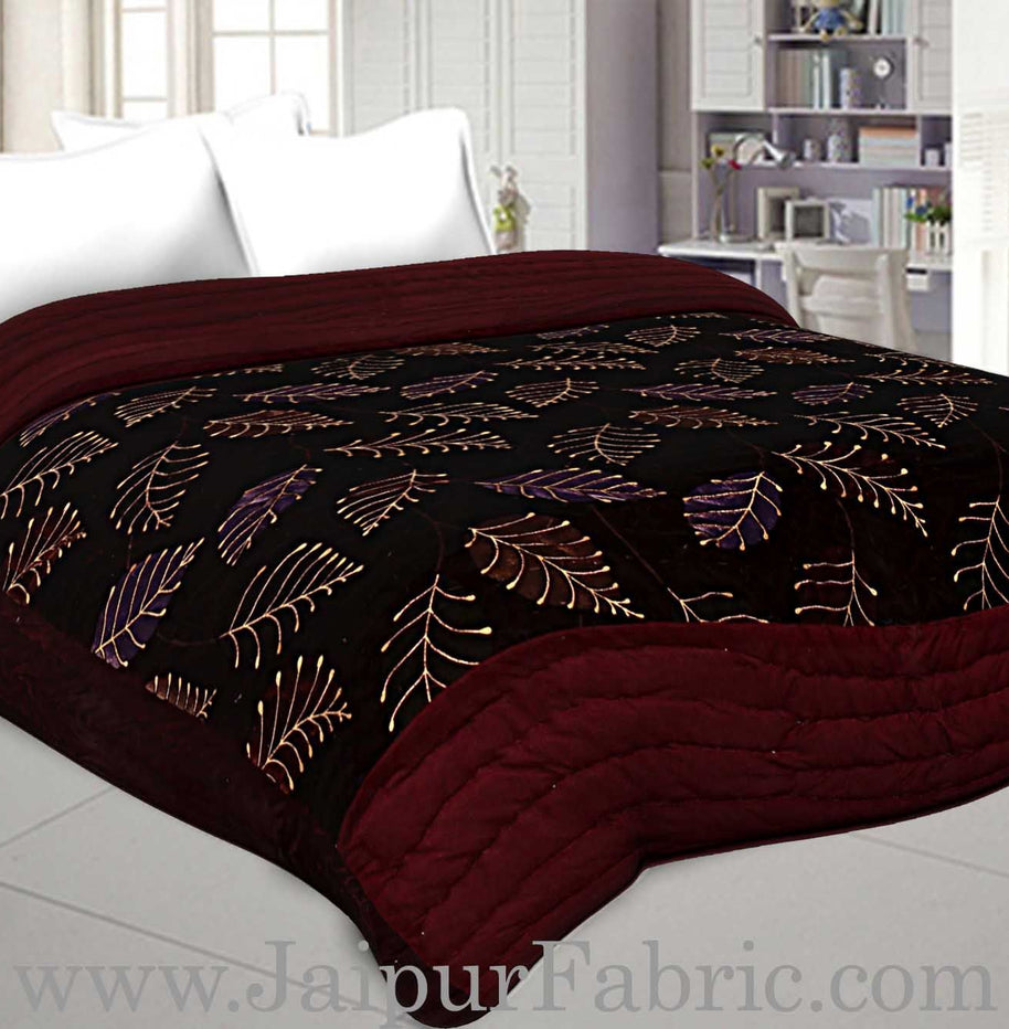 Red Floral  With  Leaf Print  Velvet(Shaneel) Double  Bed Quilt