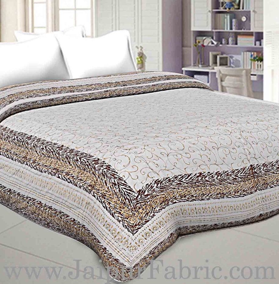 Jaipuri Printed Double Bed Razai Golden  Coffee White base with Jall pattern