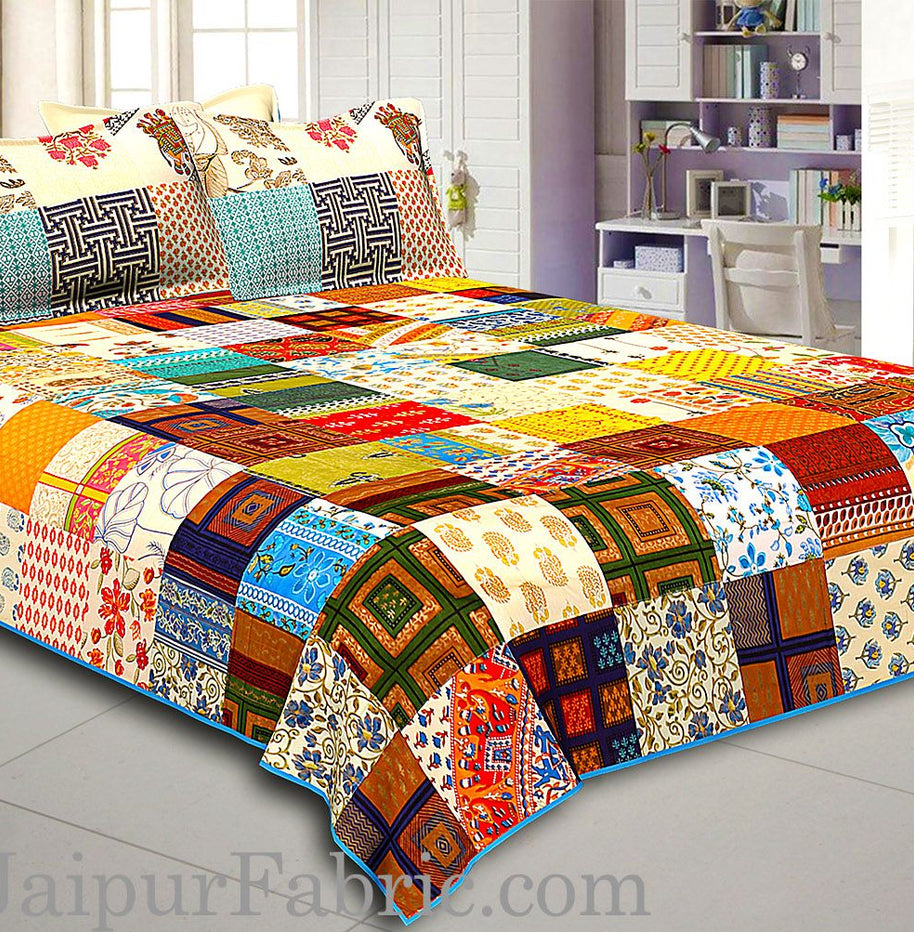 Mix Tukdi Super Fine Cotton Golden Print Double Bedsheet