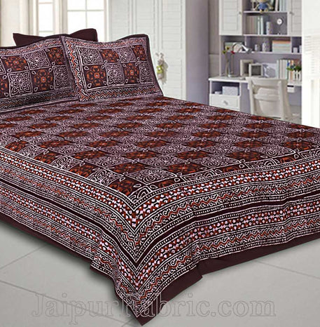 Double Bedsheet Dabu Indigo Dye Choclate Brown Geometric Patteren