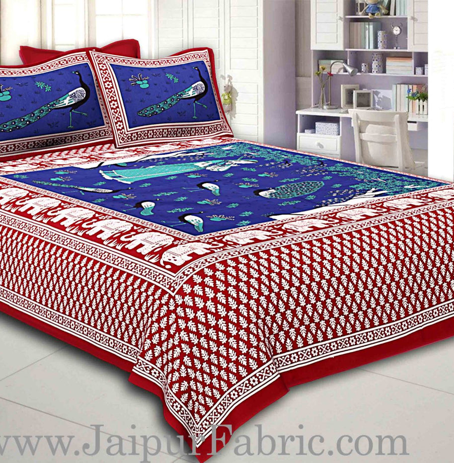 Maroon Border Blue Base Meera With Peacocks Cotton Double Bedsheet