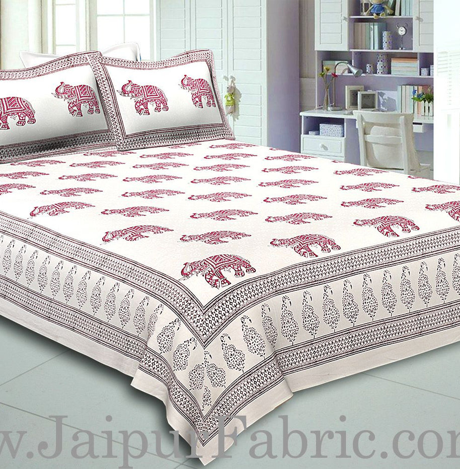 Cream Border In  Cream Base Maroon And Gajri Elephant Hand Block Print Super Fine Cotton Double Bed Sheet