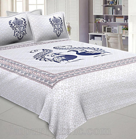 Twill Cotton Double Bedsheet Navy Blue Peacock Pair