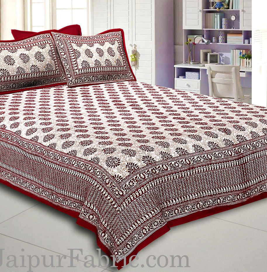 Maroon Border  Maroon Base Kerry Pattern Hand Block Print Super Fine Cotton Bed Sheet