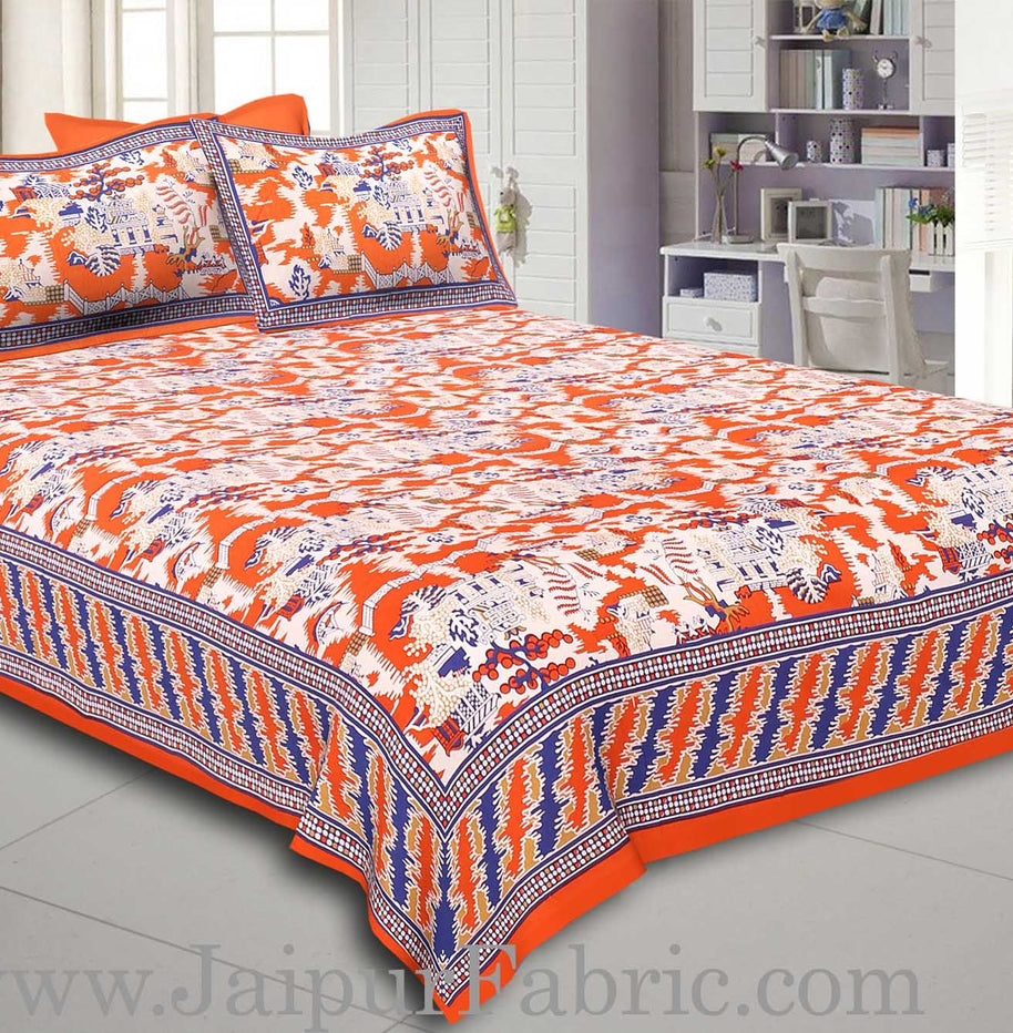 Orange Border Good Looking Heritage Design Pure Cotton Double Bedsheet With Pillow Cover