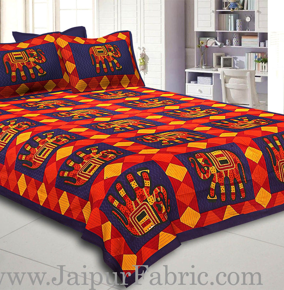 Blue Border Red Base Big Elephant And Square Pattern Cotton Double Bed Sheet