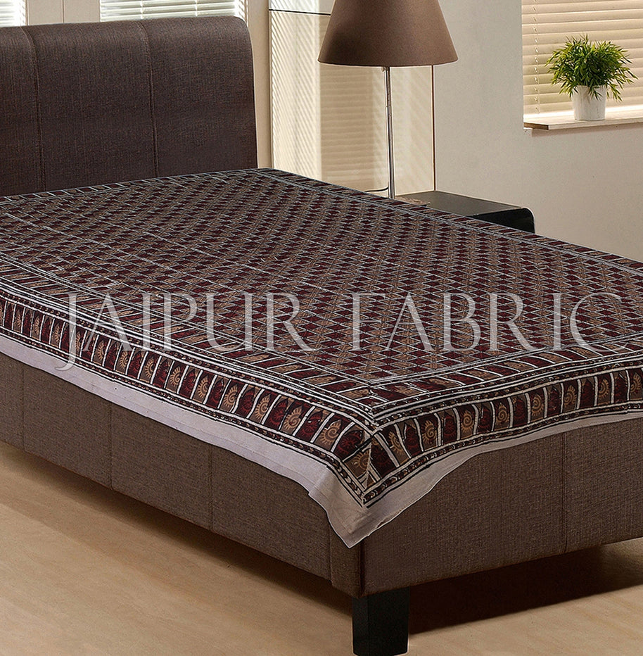 Dark Brown Square Hand Block Print with Grey Base Single Cotton bedSheet