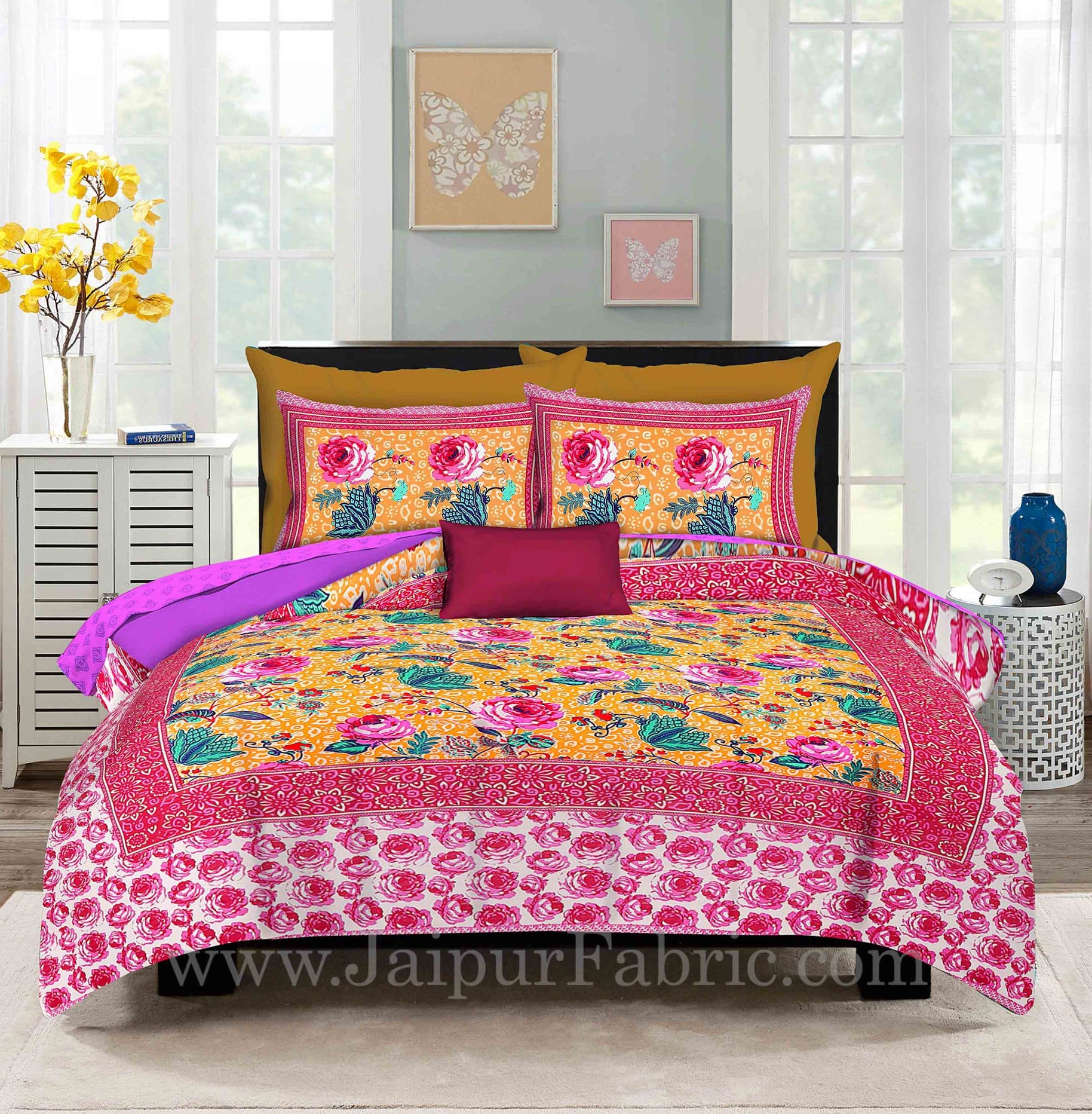 Yellow Base Rose Floral Design Screen Print Multi Base King Size Double Bedsheet With 2 Pillow Cover