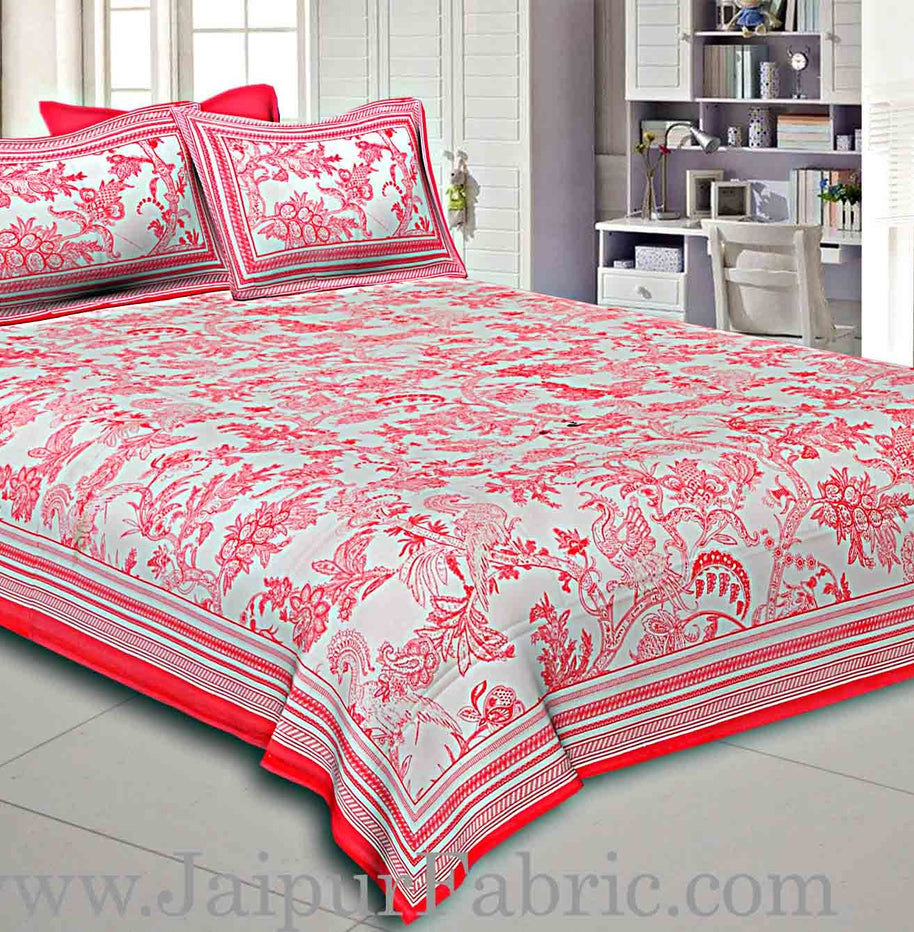 Red Border Cream Base Leaf And Floral Cotton Satin Hand Block Double Bedsheet