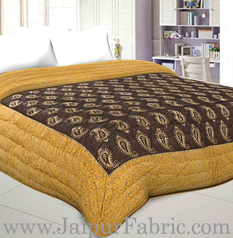 Jaipuri Printed Double Bed Razai Golden Yellow and black with Paisley pattern