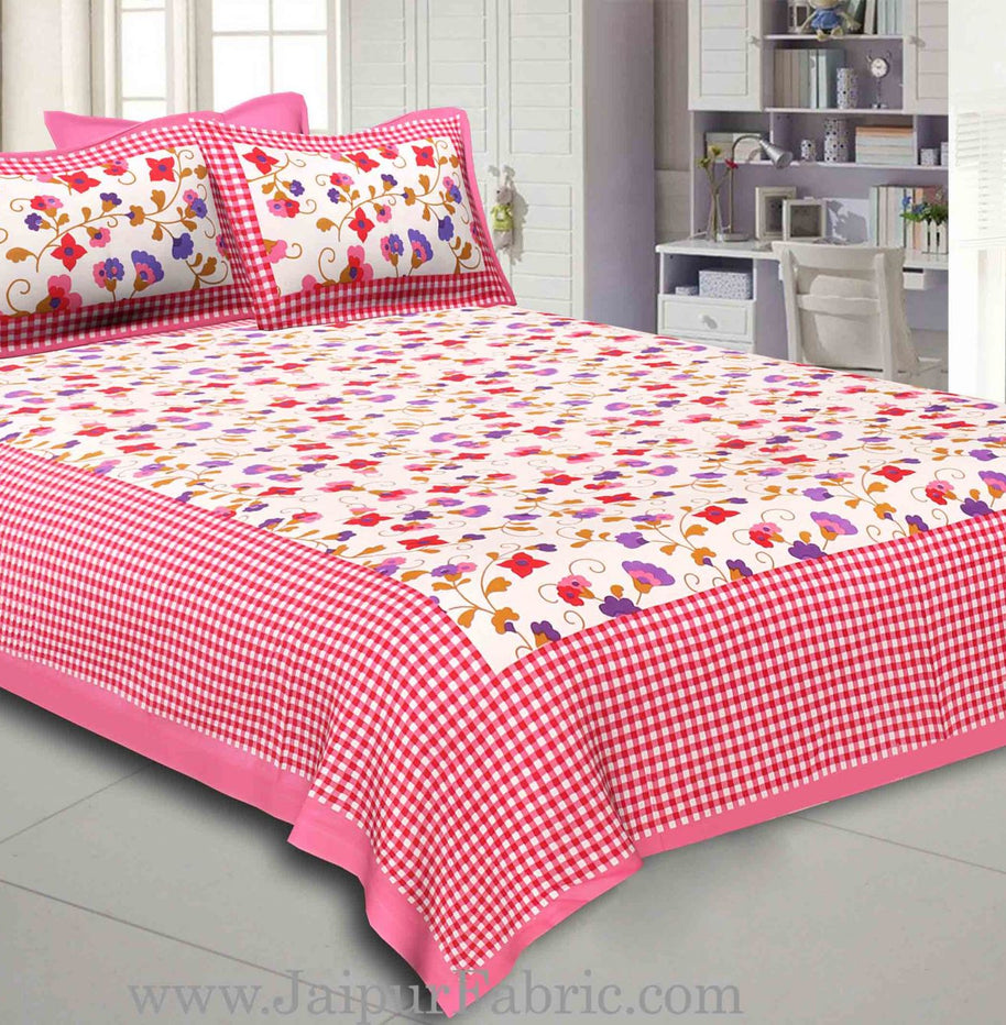 Pink Border jaipuri design floral print Cotton Double Bedsheet with Pillow Cover