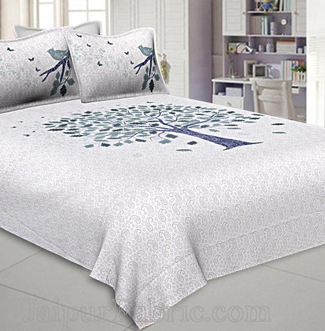 Twill Cotton Double Bedsheet Blue Spring Tree