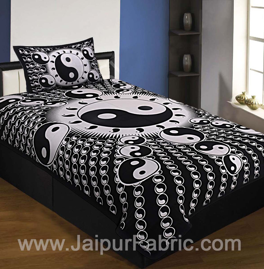 Black Border Black Base Doordarshan Print Fine Cotton Single Bedsheet With Pillow Cover