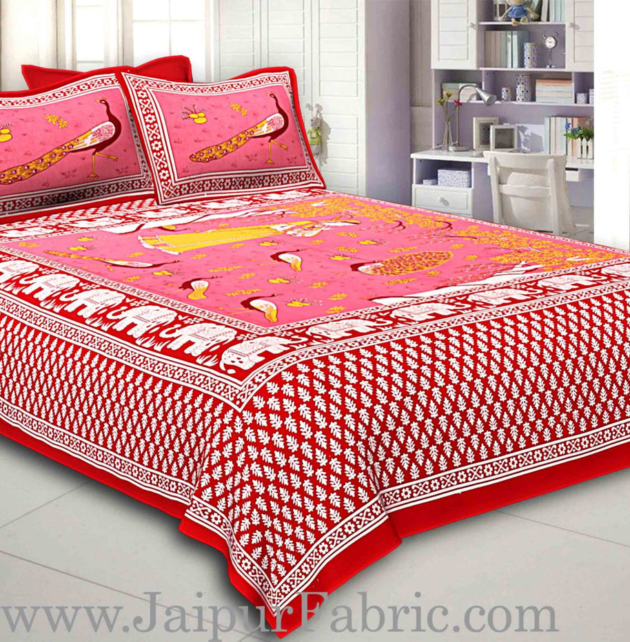 Maroon Border Pink Base Meera With Peacocks Cotton Double Bedsheet