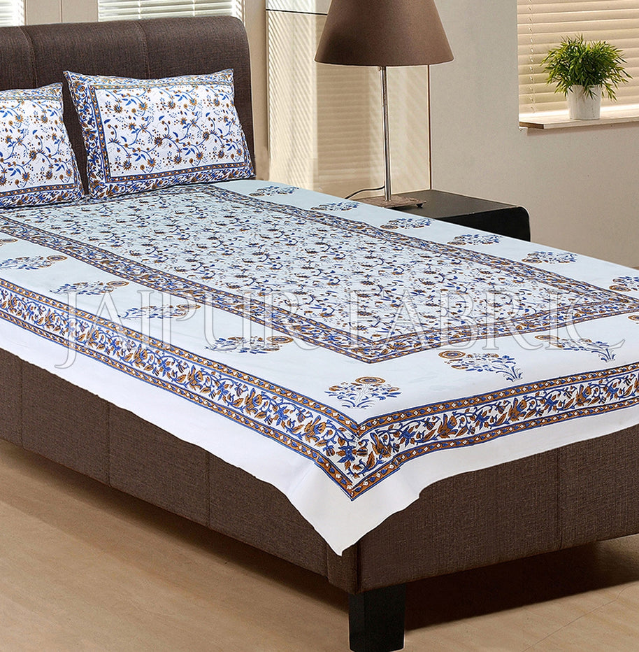 White Base With Blue color Floral Block print Single Cotton bed Sheet