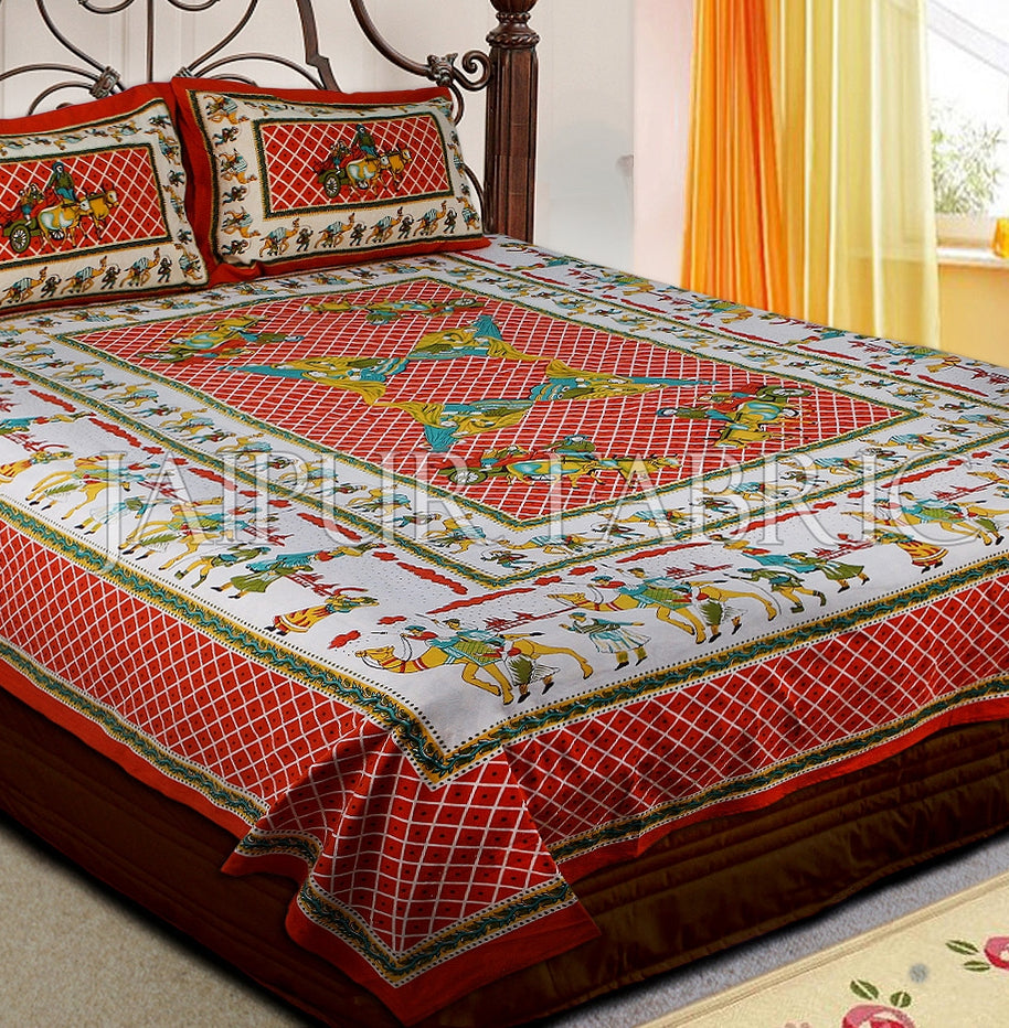 Red Base Multi Color Cattle and cart Print Double Bedsheet with pillow Covers