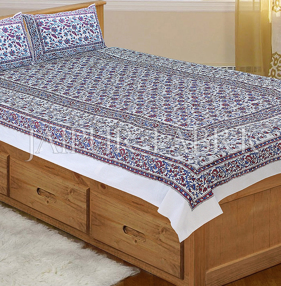 White Base with blue and Red floral print Single Cotton Bedsheet