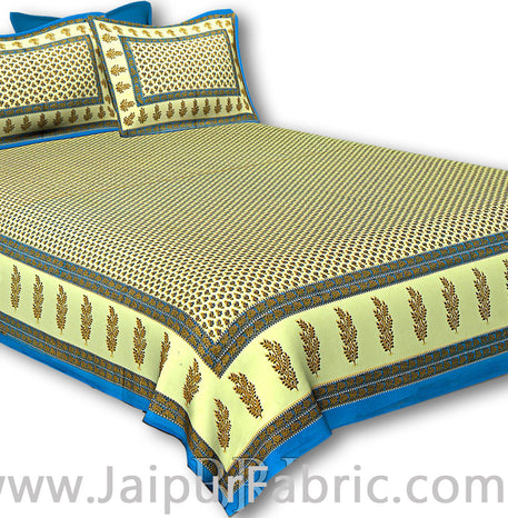 firozi border cream base small tree pattern with golden print super fine cotton double bedsheet