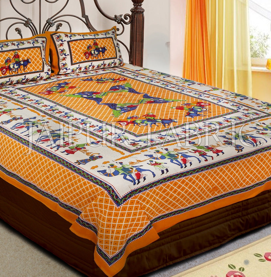 Yellow Base Multi Color Cattle and cart Print Double Bedsheet with pillow Covers