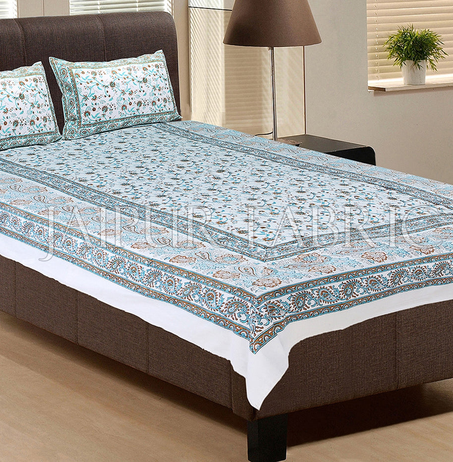 White Base With Cyan Color Print Single Cotton Bed sheet