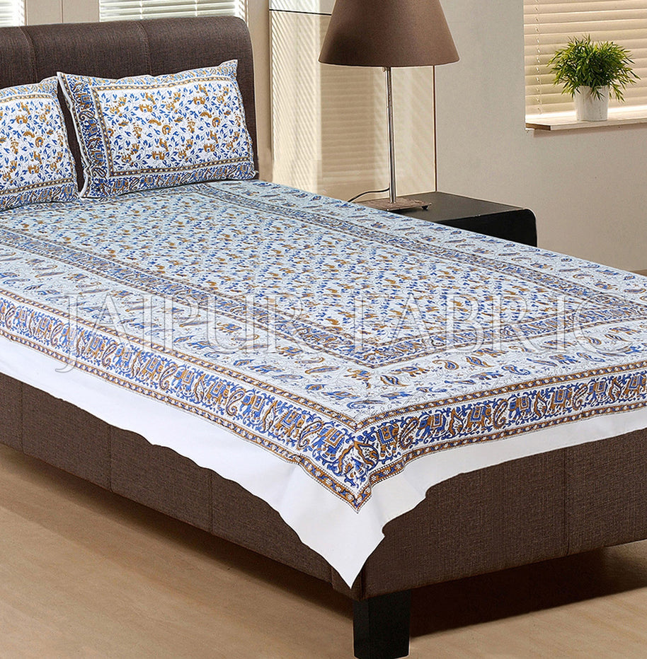 White Base With Blue color Cattle Block print Single Cotton bed Sheet