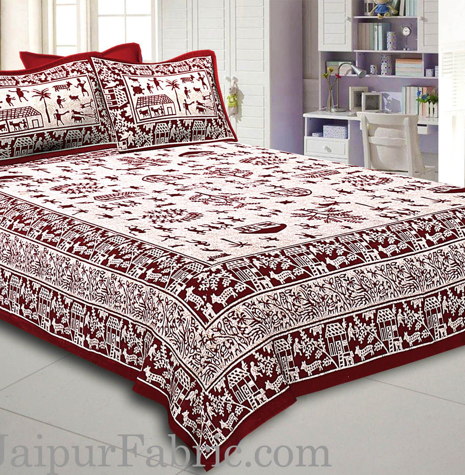 Maroon Border Cream Base Light And Rural Pattern Super Fine Cotton Double Bed Sheet