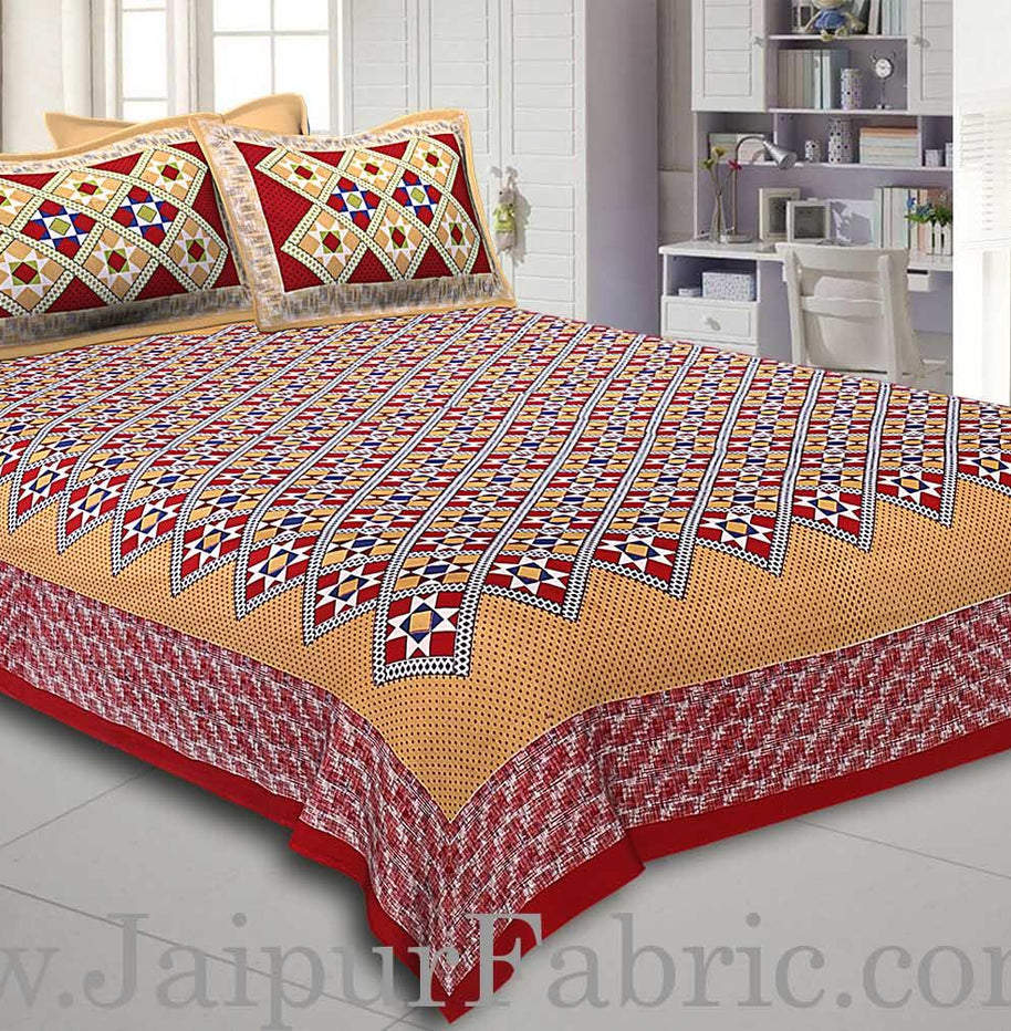 Red Border Mustard Base Designer Check Pattern Cotton Double Bed Sheet