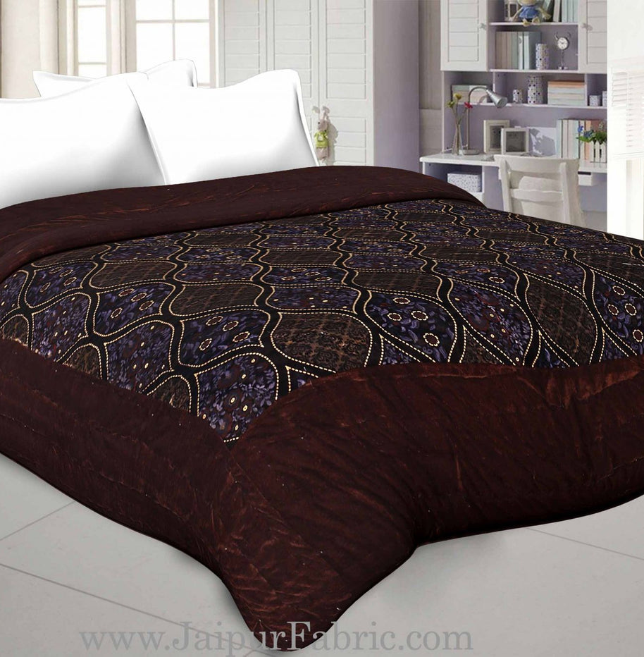 Brown With  Leaf Print  Velvet(Shaneel) Double  Bed Quilt