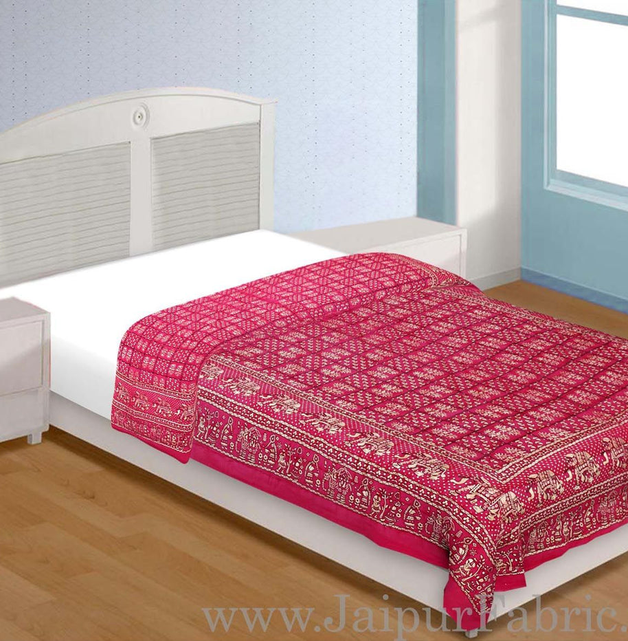 Magenta Base Golden Print  With Elephant Design Fine Cotton Single Bed Quilt