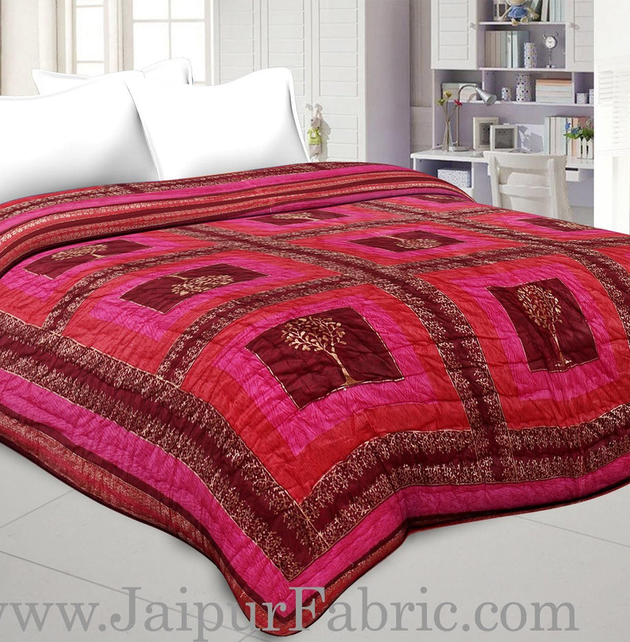 Magenta And Orange  Base Check Golden Print Fine Cotton Double Quilt