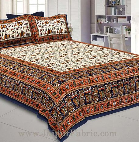 super king size double bedsheet blue jaipuri traditional print with 2 pillow covers