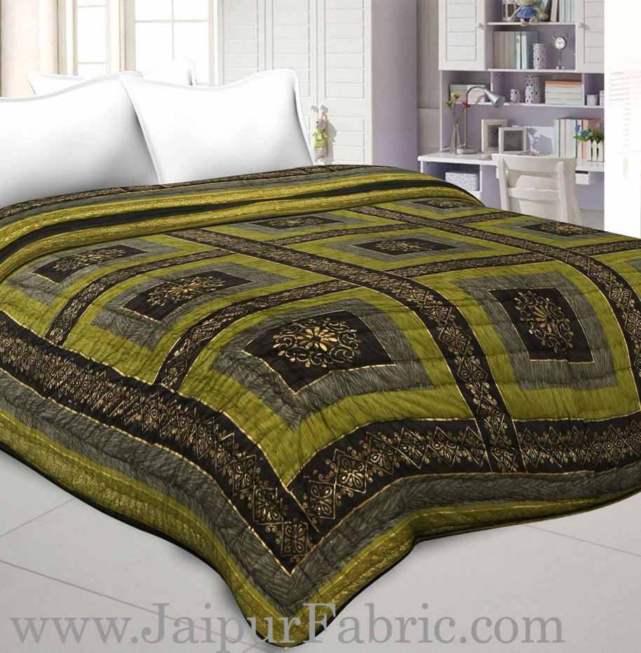 Mehandi And Green Golden Jaipuri  Tree  print Double Bed Quilt