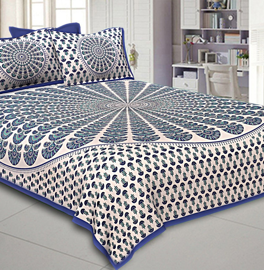 Blue Kalangi Printed Cotton Double Bed Sheet