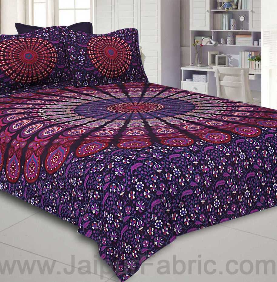 Purple Mandala Double Bedsheet Tapestry with 2 Pillow Covers