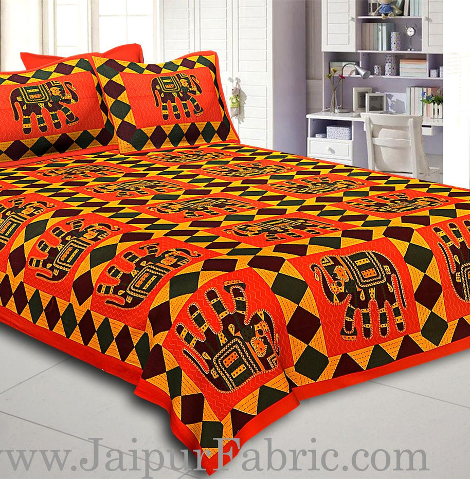 Orange Border Orange Base Big Elephant Square Pattern Cotton Double Bed Sheet