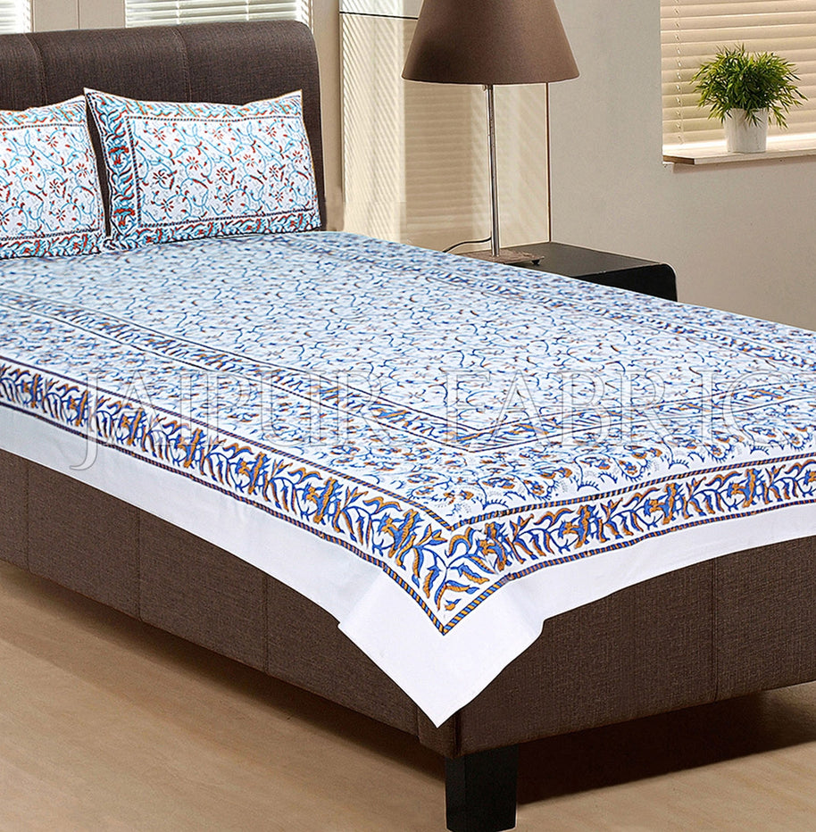 White Base With Blue and Brown Color Print Single Cotton Bed sheet