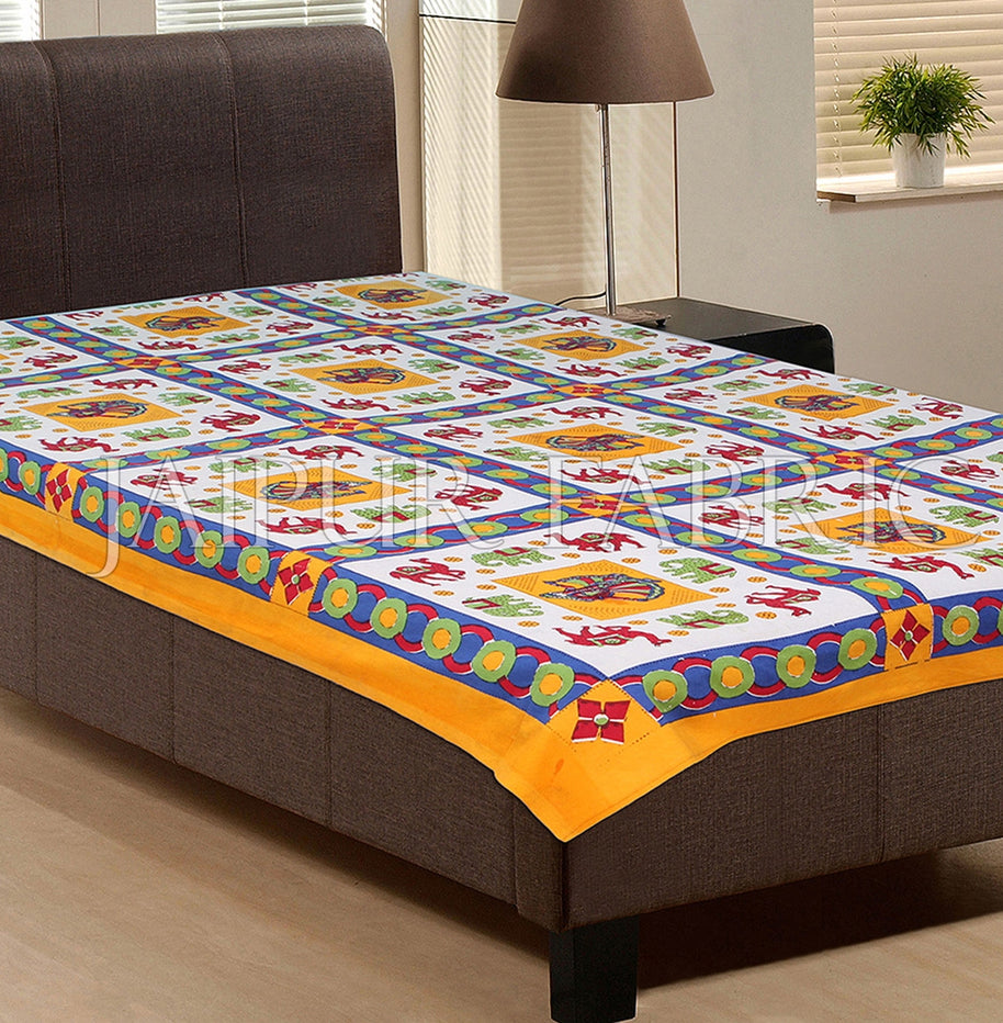 Yellow Base Green Elephant Red Camel Block print Single Bed Sheet