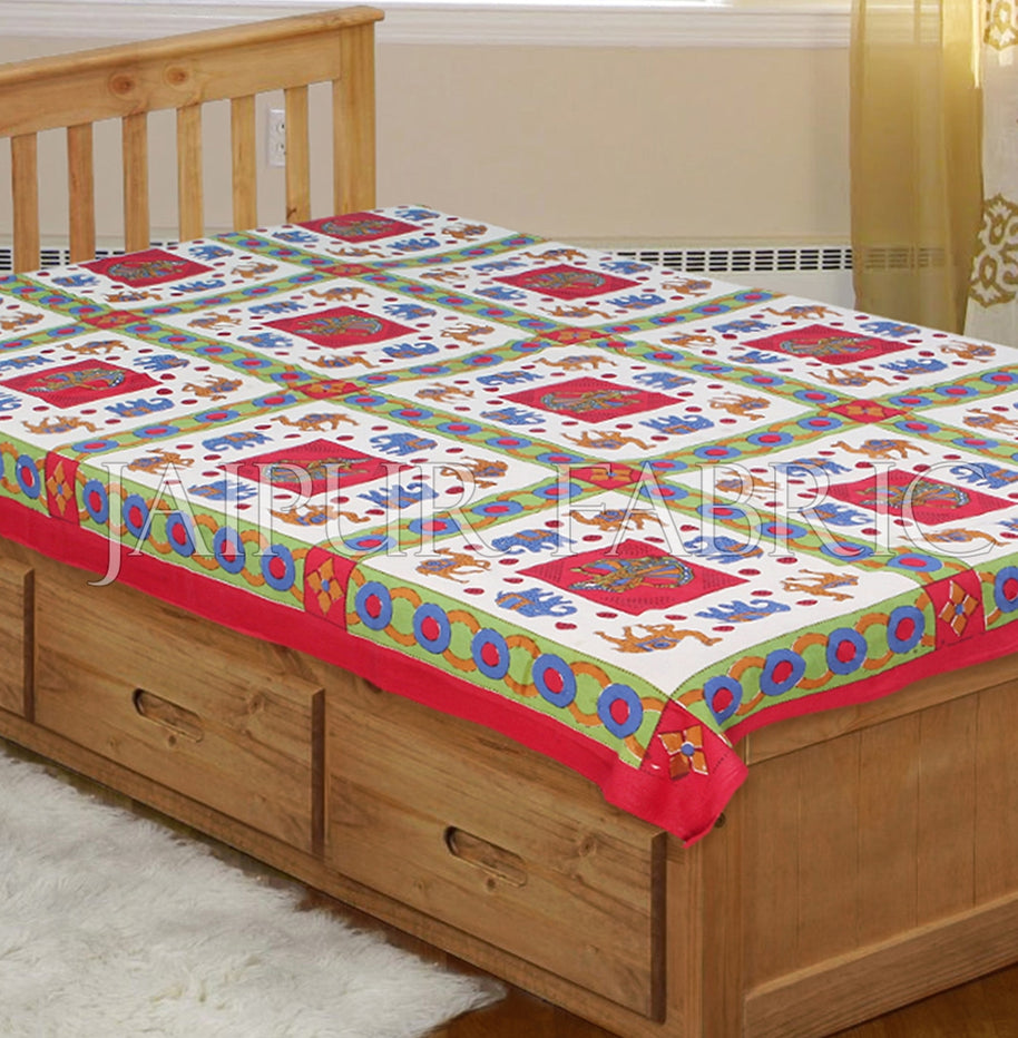 Red Base Blue elephant Brown Camel Block print  Single Bed Sheet