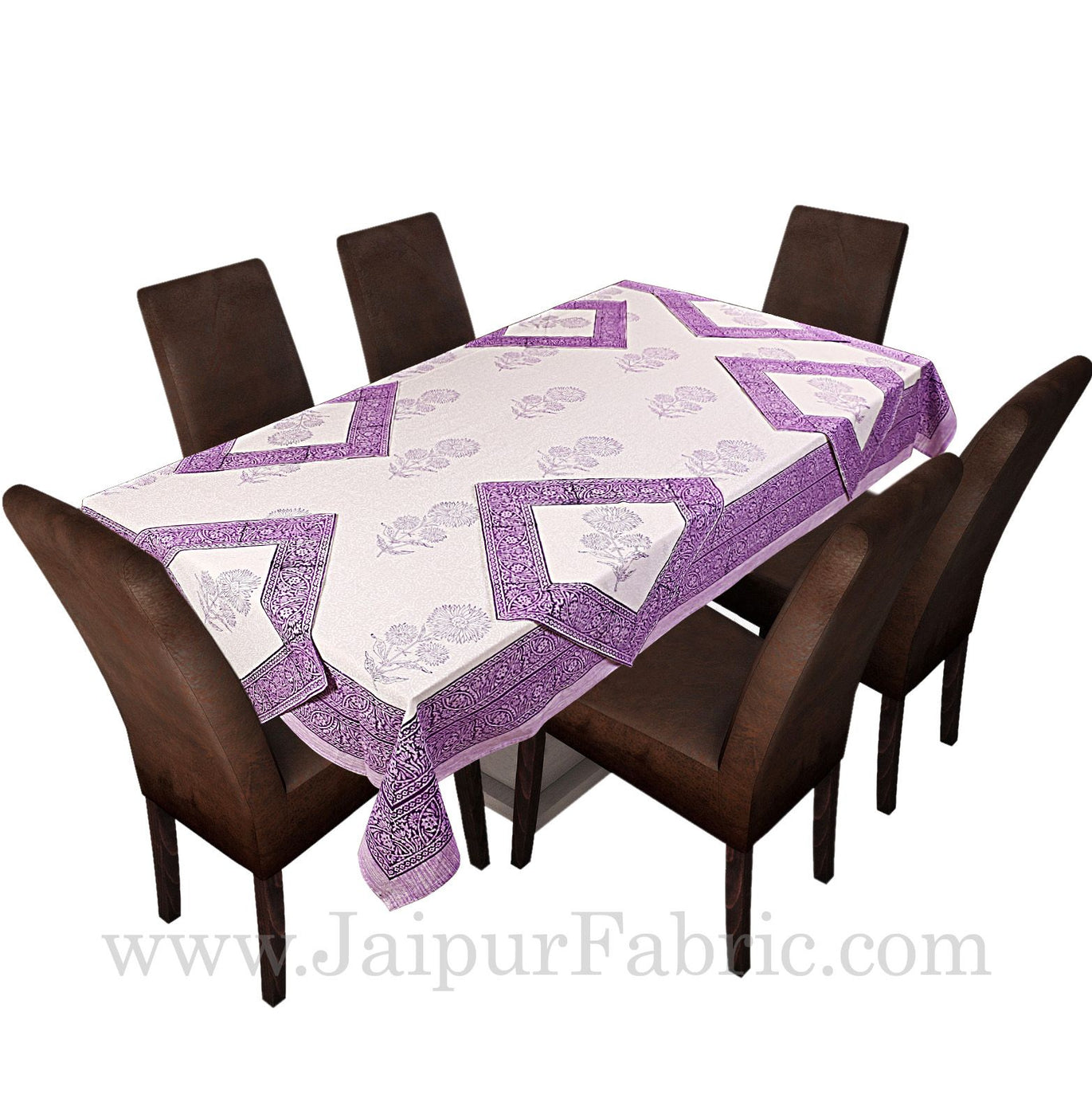 Purple Border White Base With Flower  Hand Block Print Super Fine Cotton Table Cover