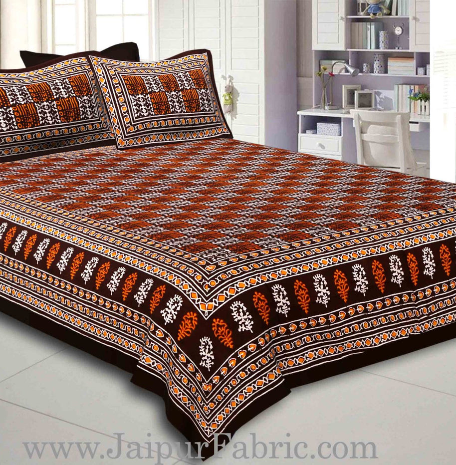 Dark Coffee Border Coffee Base Checkered  Print Fine Cotton Double Bed sheet  With Pillow Cover