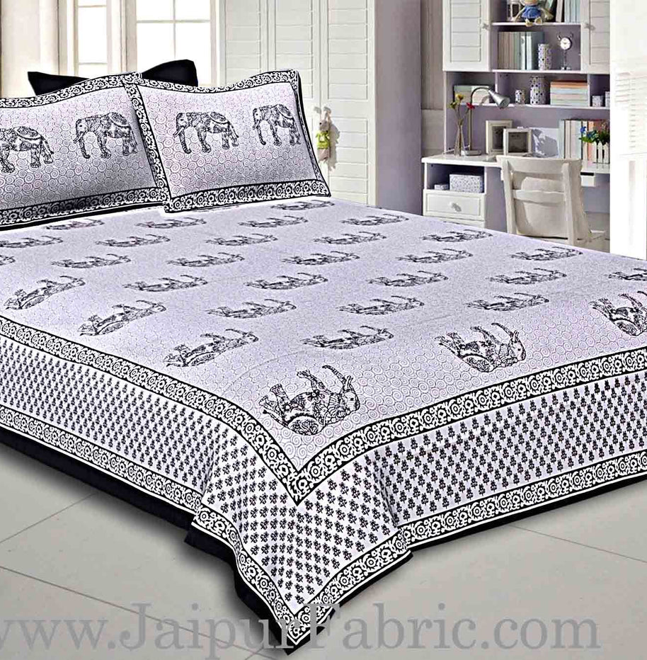 Black Borer Cream Base Black Elephant Cotton Satin Hand Block Double Bedsheet