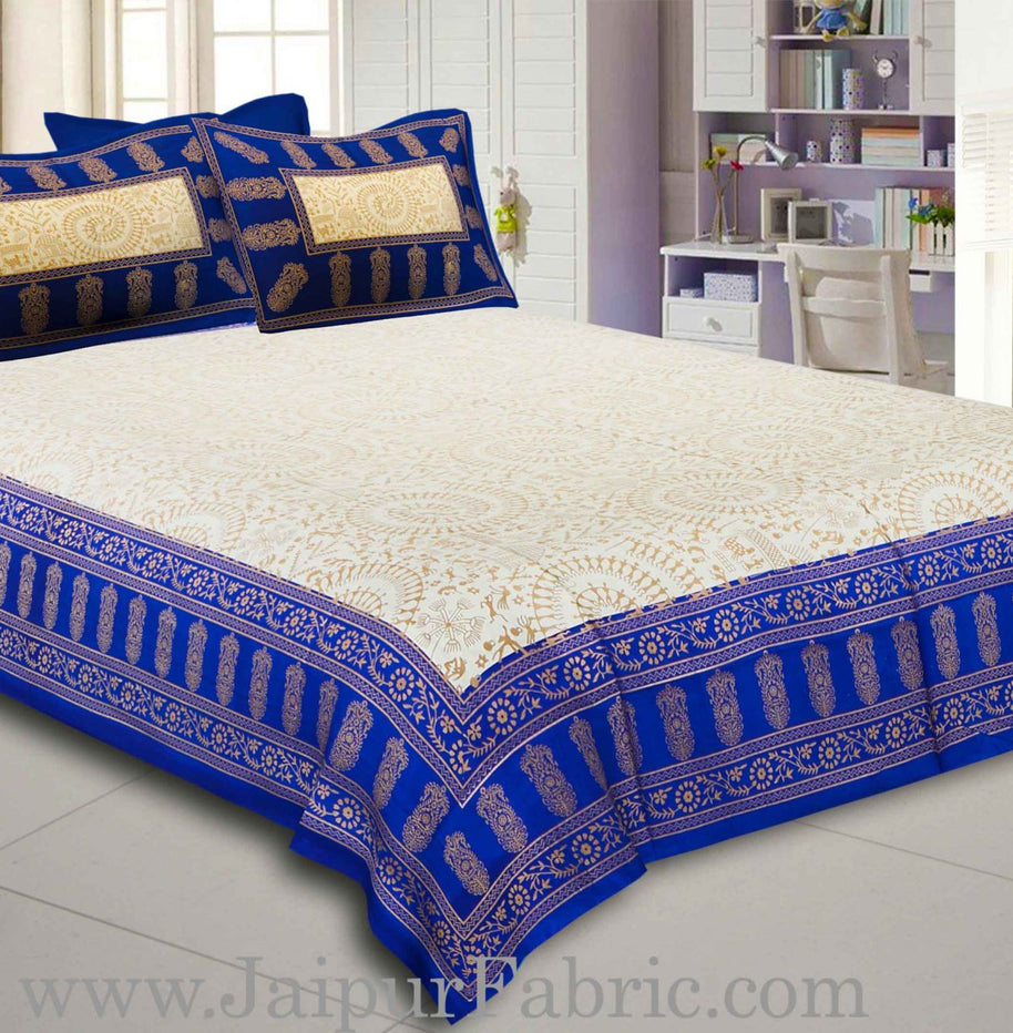 Light Blue Border  Cream Base With Golden Print Figure Print Super Fine Cotton Double Bed Sheet