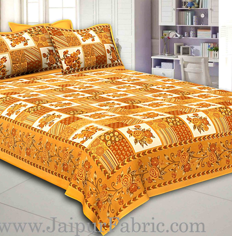 Mustard Color Floral Print Square Design Cotton Double Bed Sheet