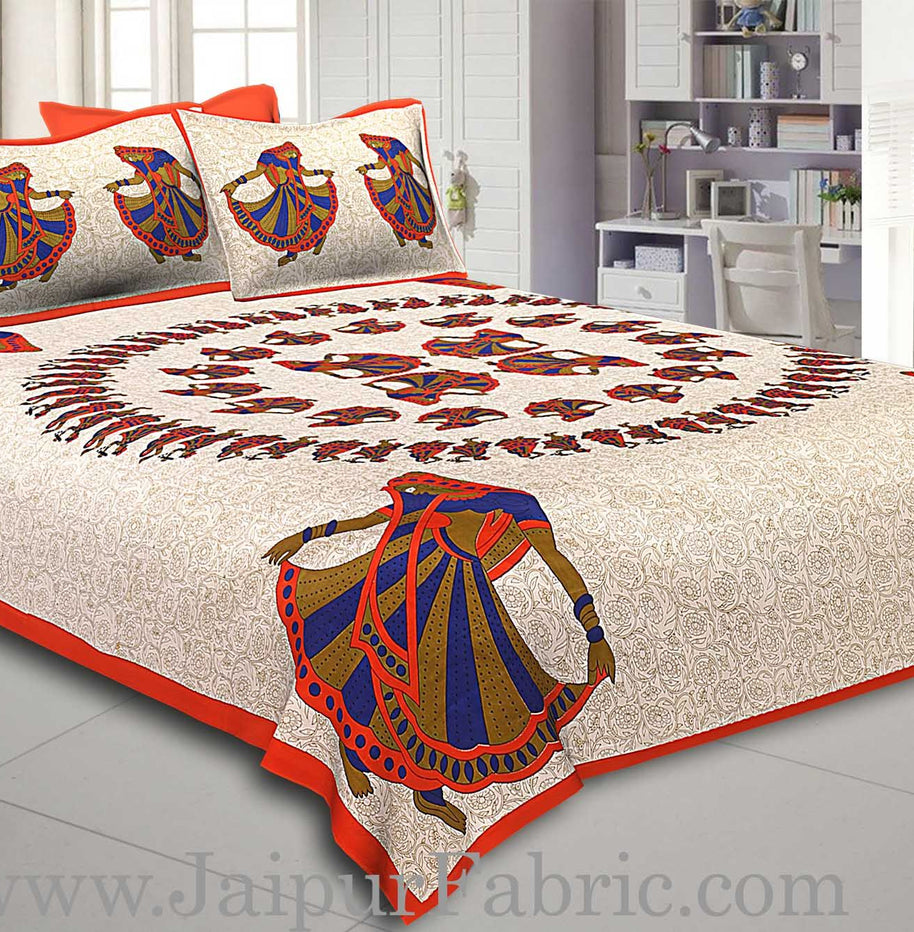 Orange Border Rajasthani Gujri Dance Cotton Double Bedsheet