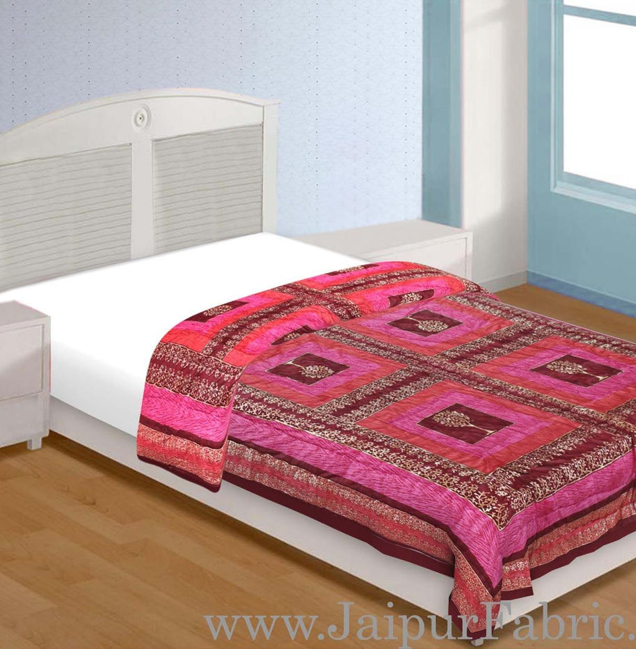 Magenta And Orange  Base Check Golden Print Fine Cotton Single Bed Quilt